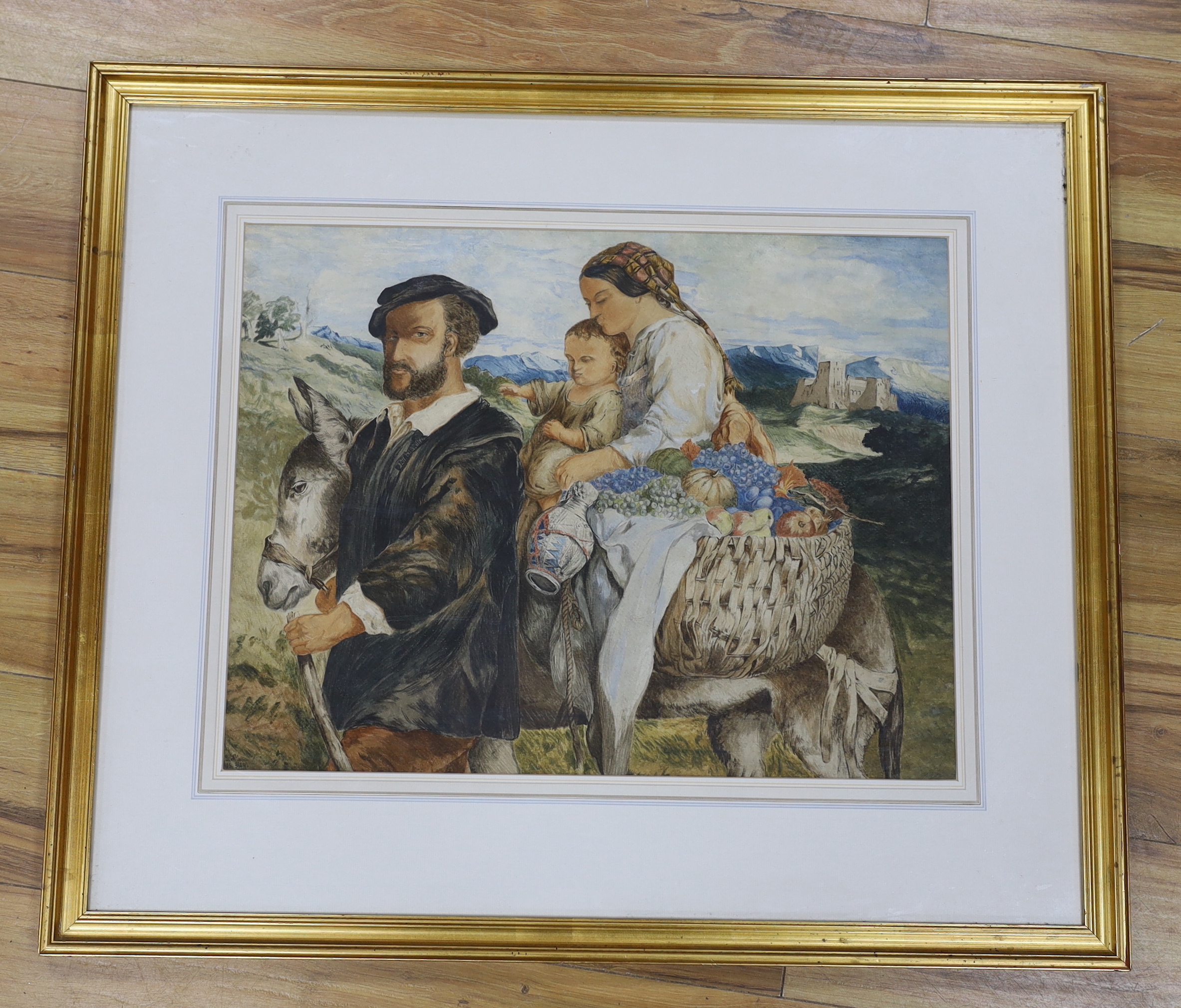 20th century Naive School, watercolour, Three figures and a donkey before a mountainous landscape, 44 x 56cm